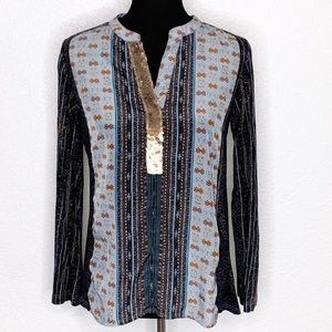 Anthropologie Tiny black blue floral gold sequin neck top size Small